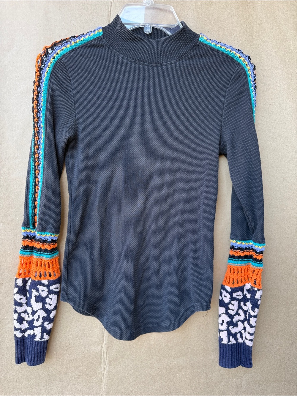 ANTHROPOLOGY Black Knit Mock-Neck Top with Multicolor Crochet Sleeves